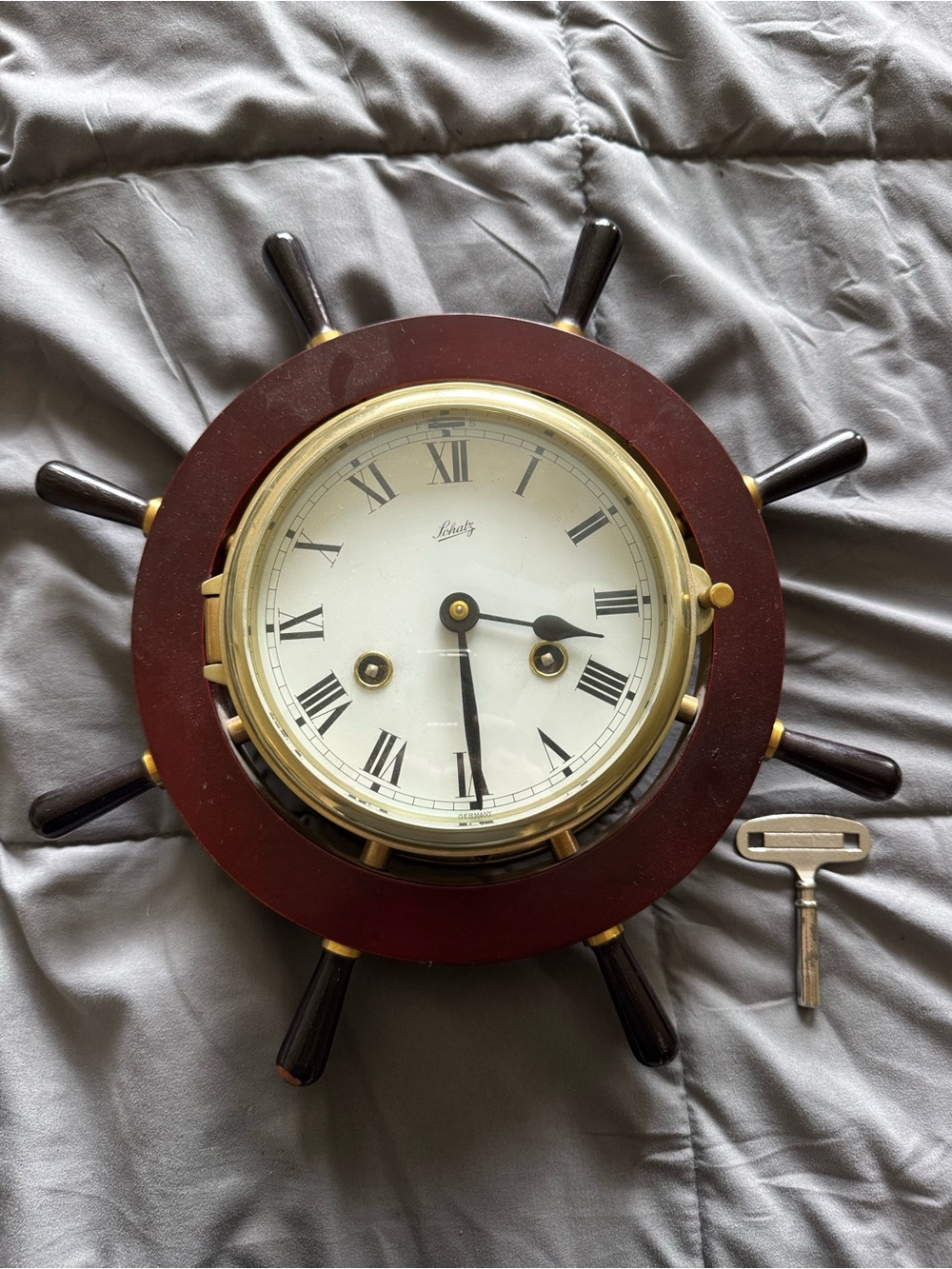 Vintage Schatz  Ship Wheel Clock in Brown and Gold with Roman Dial
